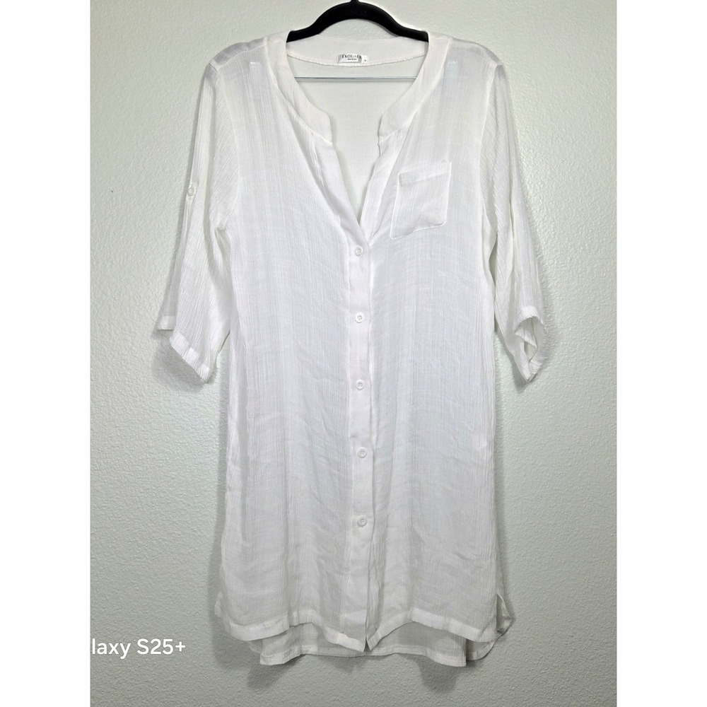 Ekouaer White Button Down Beach Cover Up Dress Roll Tab Sleeve Medium